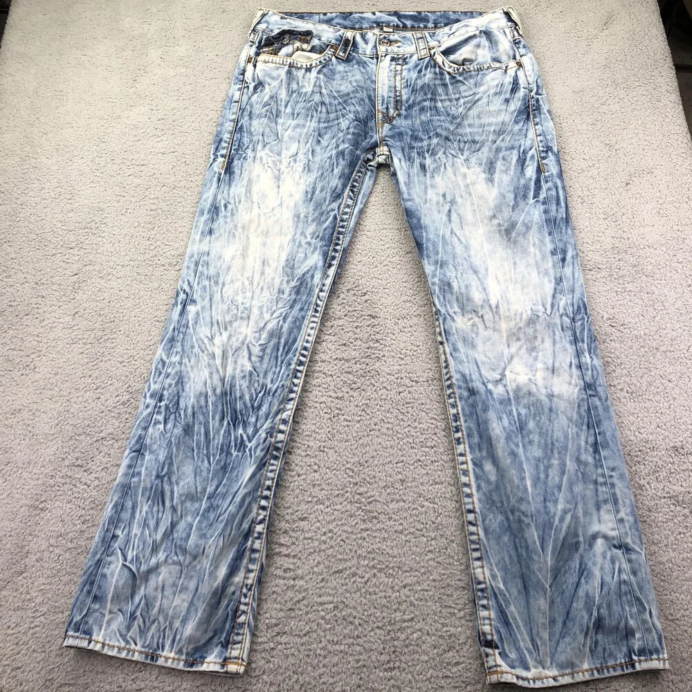 True Religion Jeans Mens 38x32 Blue Straight Acid Wash Distressed Denim